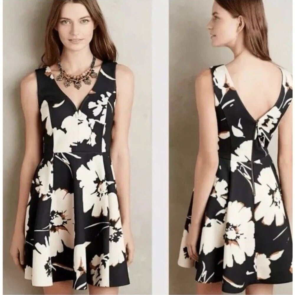 Anthropologie Maeve Women’s Amory Black Ivory Floral Fit & Flare Dress 14 Scuba